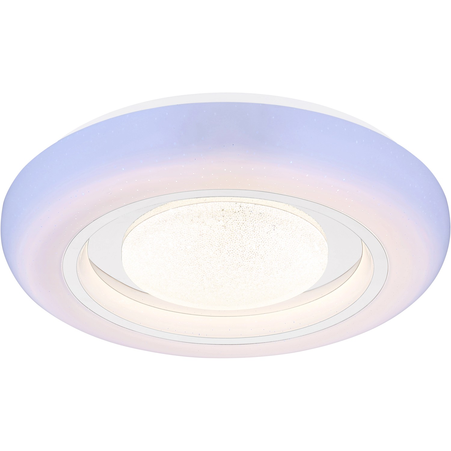 Weiße, runde Globo LED-Deckenleuchte Burro mit Chromring und Glaskristallen.