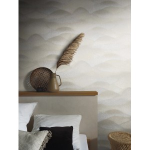 Marburg Vliestapete Habitat, grafisches Muster in Grau-Beige, Schlafzimmer-Szene.