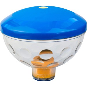 Summer Fun LED Unterwassershow: Schwimmende Poolbeleuchtung mit blauer Kappe und Lichteffekten.