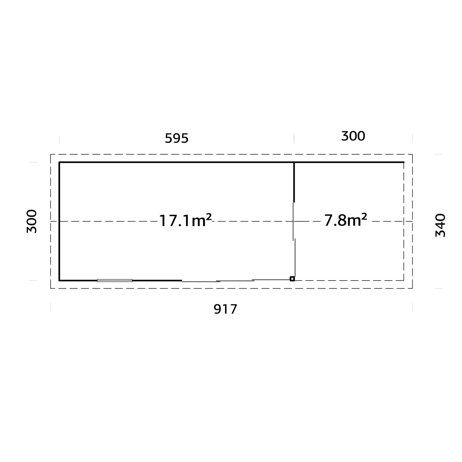 Grundriss Palmako Gartenhaus Amanda Slide Plus, 873x300 cm, mit Maßen und Flächenangaben.