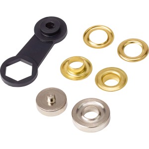 Ösenset für Seilzüge, 19 mm, Messing gelb, inkl. Werkzeug zur einfachen Befestigung.