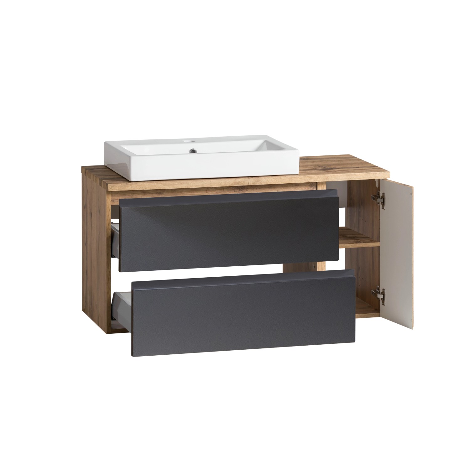 Held Möbel Waschtisch Ancona, 105 cm, matt Grau-Wotaneiche mit Becken links. Badmöbel-Set mit Schubladen und Stauraum.