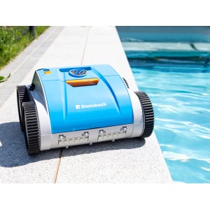 Steinbach Poolrunner Battery Pro Poolroboter in Blau und Weiß am Poolrand.