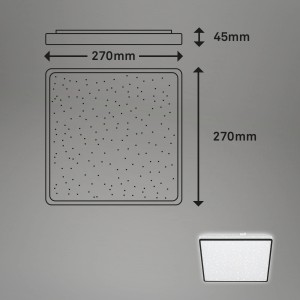 Brilo LED-Deckenleuchte Lino, quadratisch, schwarz, mit Sternenhimmel-Effekt und Maßangaben.
