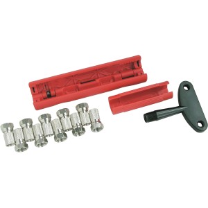 Schwaiger Abisolierwerkzeug für Koaxialkabel mit Zubehör und F-Steckern.