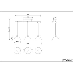 Technische Zeichnung: Trio Deckenlampe Delhi, 3-flammig, Nickel antik, E27, Maße und Details.