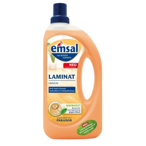Orange Emsal Laminat & Linoleum Bodenpflege Flasche mit blauem Deckel. Für Sauberkeit und Schutz vor Feuchtigkeit.
