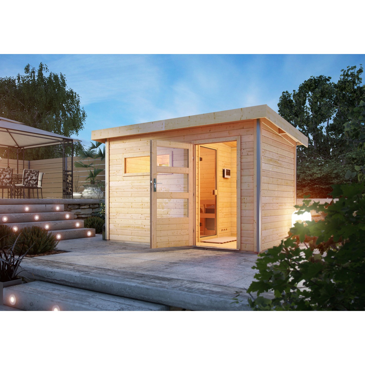 Karibu Saunahaus Hendrik 3 mit Ofen und Steuerung im Garten, naturbelassenes Holz.