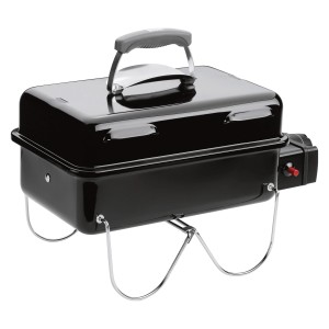 Schwarzer Weber Gasgrill Go-Anywhere mit einem Brenner und Tragegriff. Ideal für unterwegs.