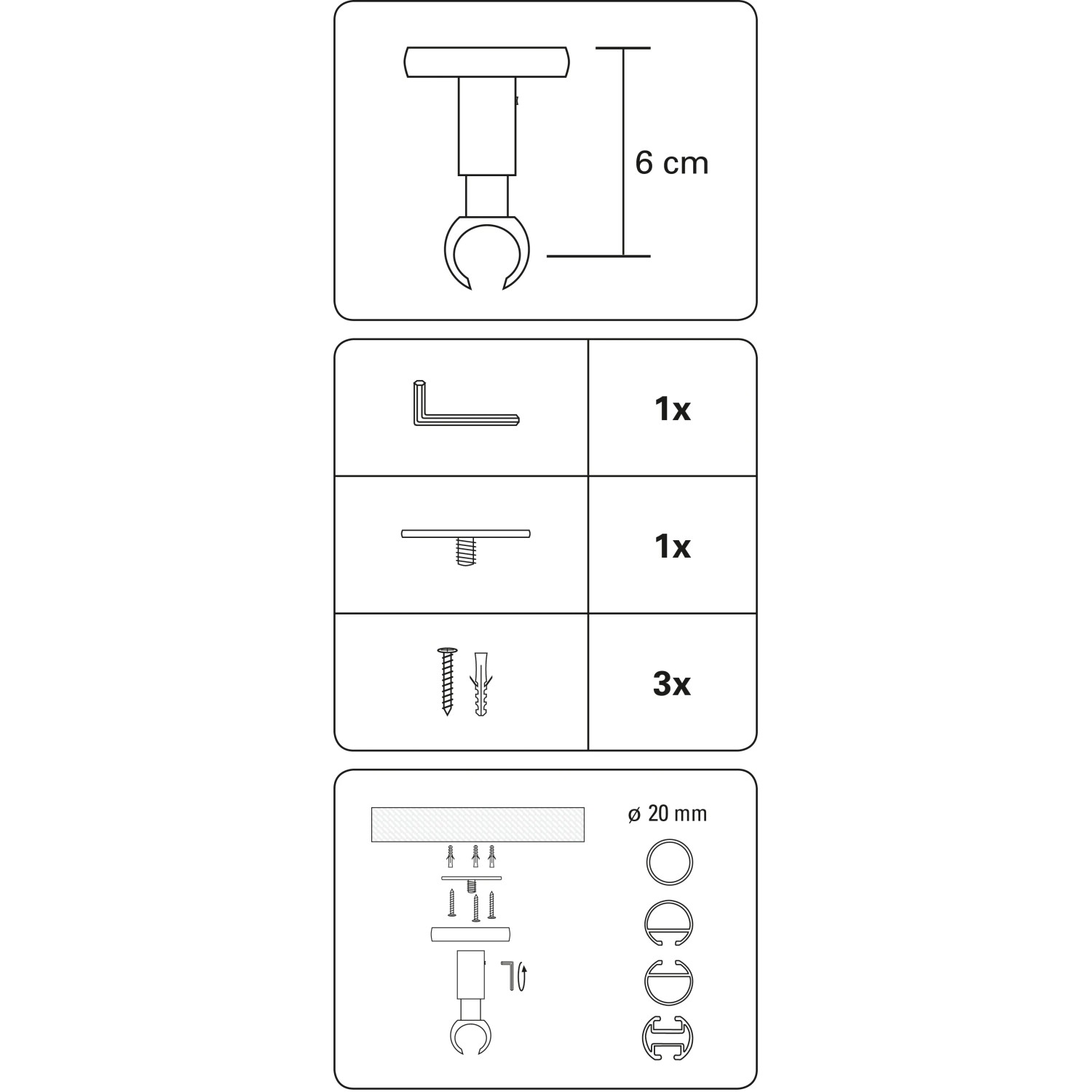 Gardinia Deckenträger Chicago Titan, 21 cm, für 20 mm Stangen, inkl. Zubehör für die Deckenmontage.