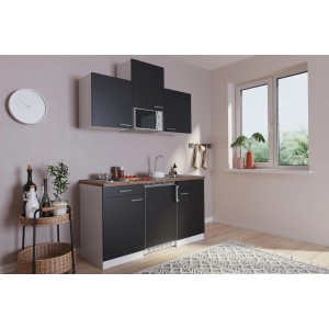 Respekta Küchenzeile KB150WSMI, 150 cm, Schwarz-Weiß mit E-Geräten.