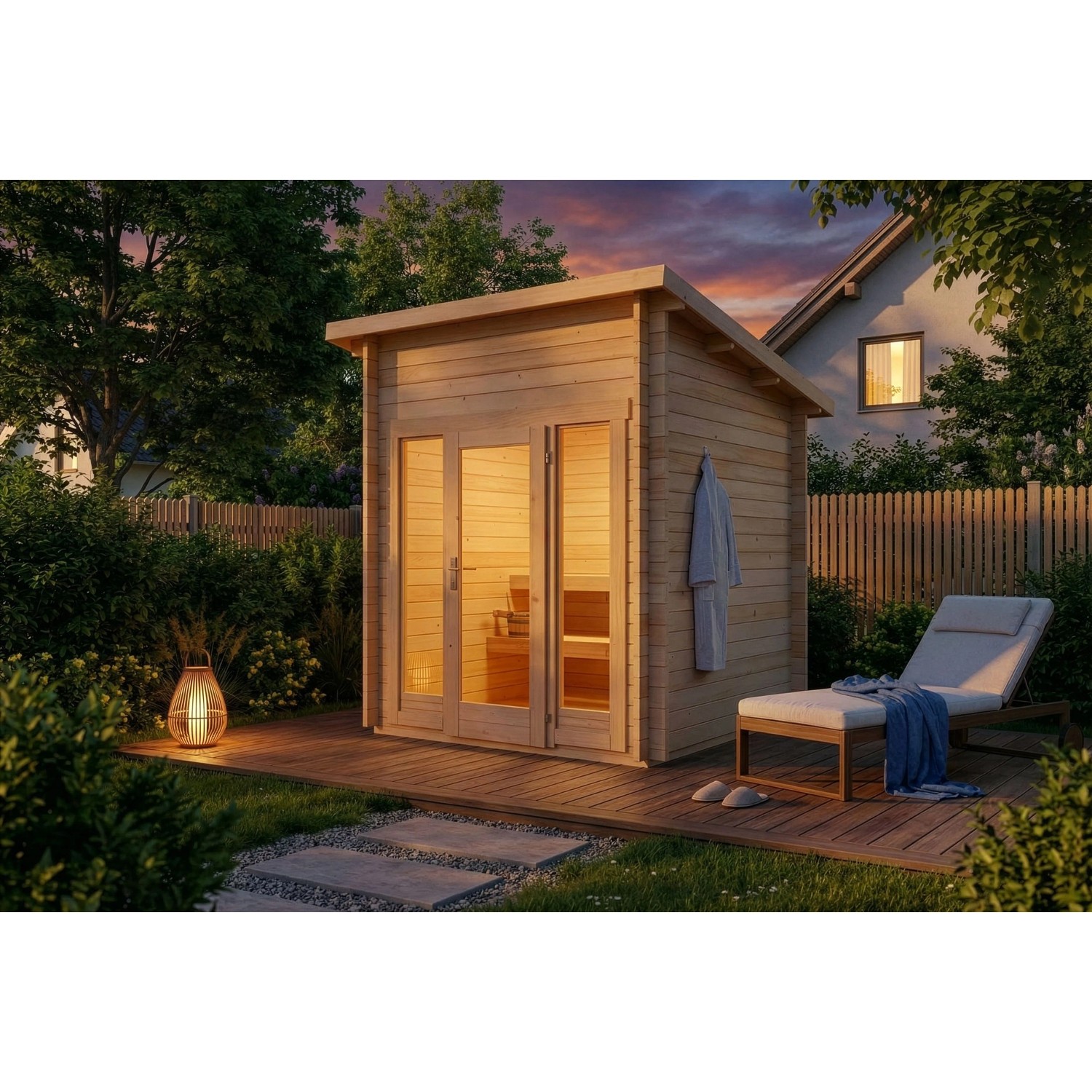 FinnTherm Saunahaus Lizzy XXS aus Holz mit Frontverglasung und zwei Sitzbänken.
