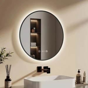 Runder Emke LED Badspiegel 60 cm mit schwarzem Rahmen, dimmbarer Beleuchtung, Uhr und Temperaturanzeige.