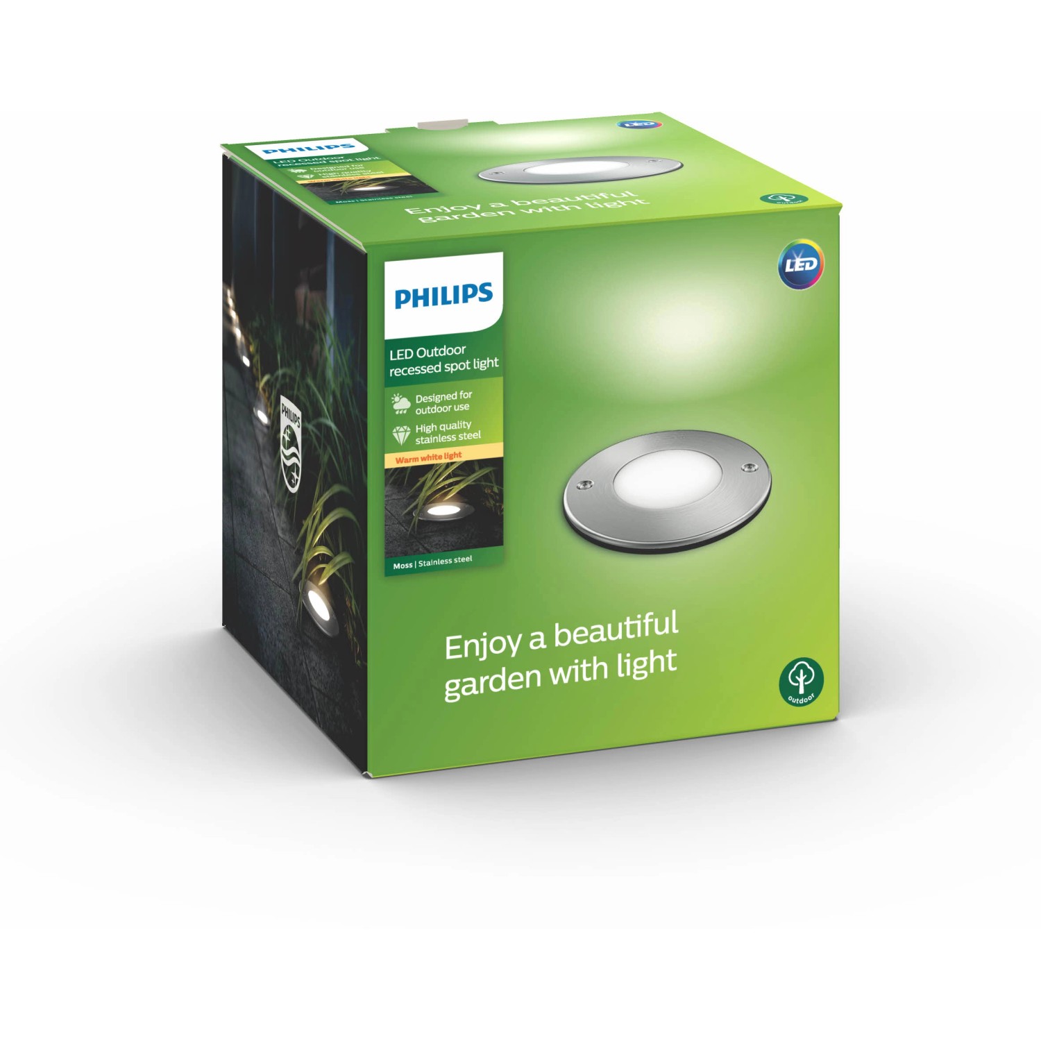 Verpackung der Philips LED-Einbauleuchte Moss aus Edelstahl für den Außenbereich.