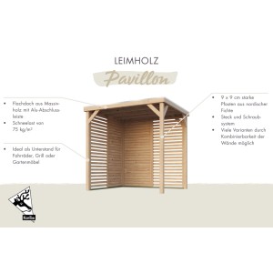 Karibu Pavillon Cannes XXL, naturbelassen, mit Flachdach und Seitenwänden aus Holzlatten.