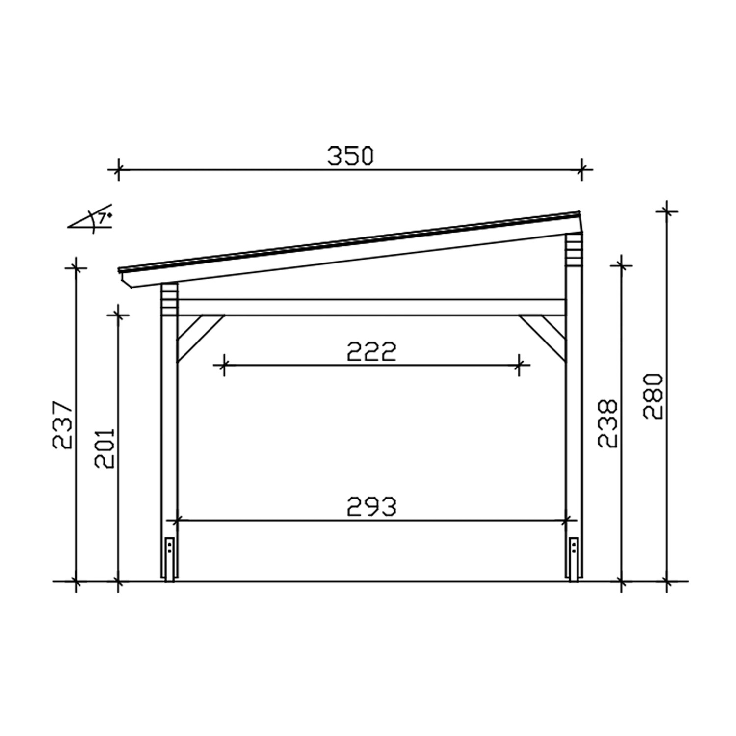 Technische Zeichnung der Skan Holz Terrassenüberdachung Sanremo, Maße in cm.