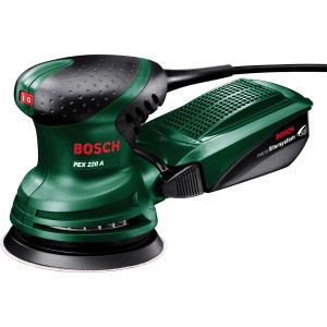 Bosch Exzenterschleifer PEX 220 A, grüne Schleifmaschine mit Staubfangbox.