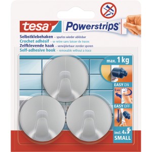 Tesa Selbstklebehaken, 3er-Packung, Chrom matt, runde Form, für Handtücher und leichte Gegenstände bis 1 kg.