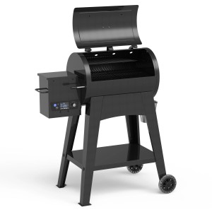 Schwarzer Pit Boss FB500 Pelletgrill mit offenem Deckel und digitalem Bedienfeld.