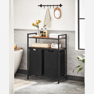 Vasagle Wäschekorb mit 2 Fächern, braun-schwarz, 92 Liter Fassungsvermögen, im Badezimmer.