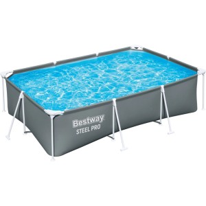 Bestway Steel Pro Family Pool, grau, 300x201x75 cm, mit Stahlrahmen und blauem Wasser.