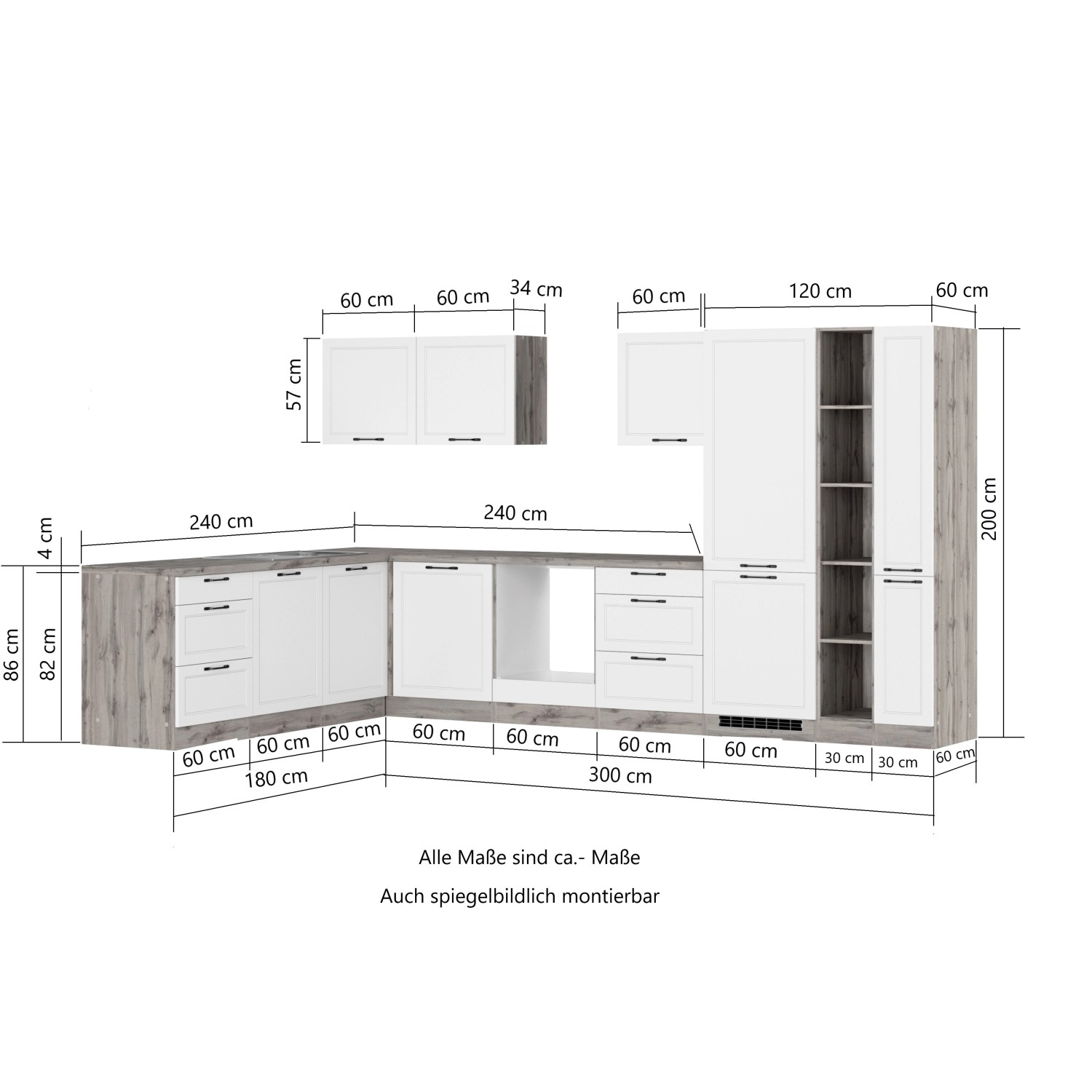 Held Winkelküche Kempten, 360 cm, Wotan/Weiß, ohne E-Geräte. Küchenzeile mit Hänge- und Unterschränken.