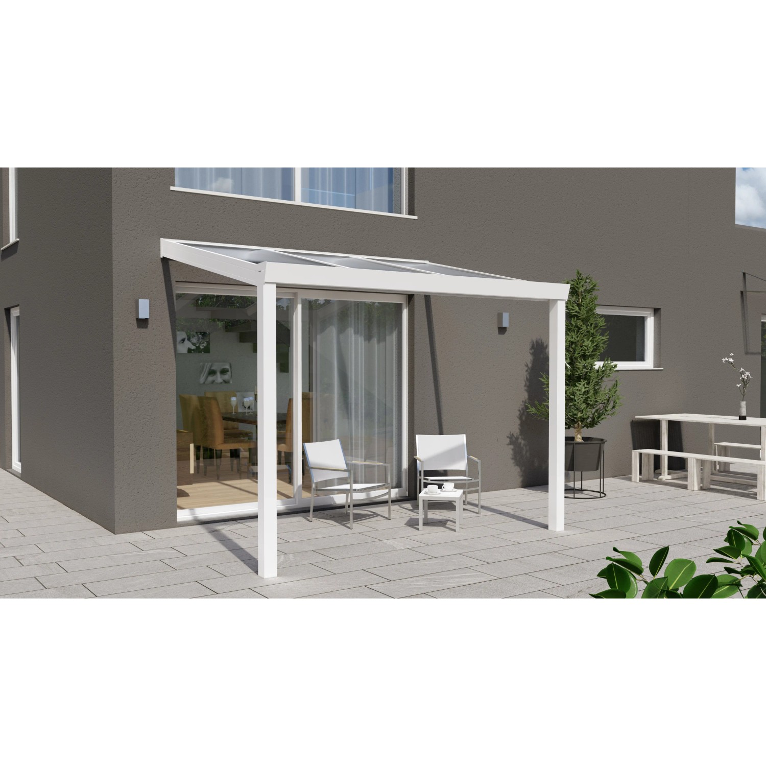 Weiße Terrassenüberdachung Professional 300x200 cm mit klarer Polycarbonat-Platte.