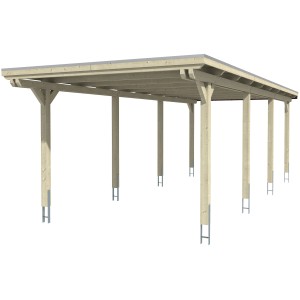 Skan Holz Einzelcarport aus Leimholz Eiche hell, mit flachem Dach und acht Pfosten.