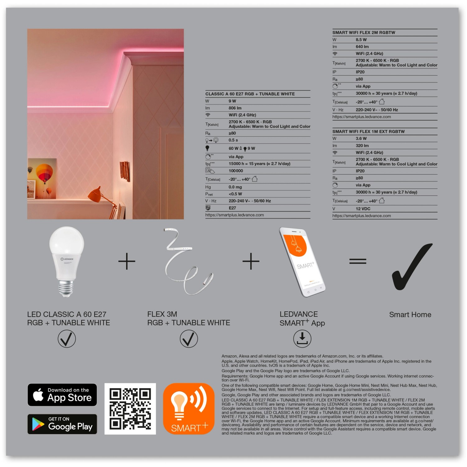 Ledvance Smart+ Bundle: E27 Leuchtmittel, 2 RGB LED-Streifen, steuerbar per App.