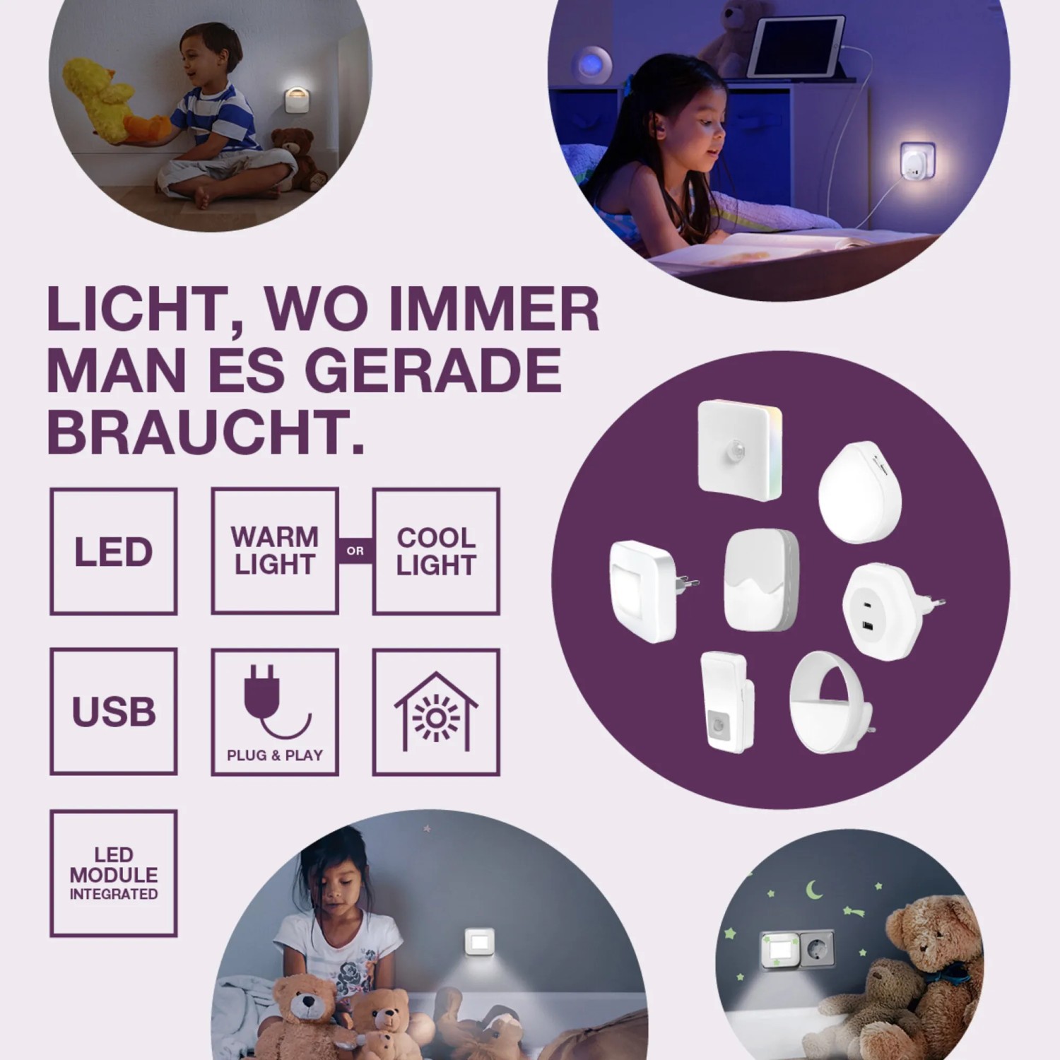 Osram LED-Nachtlicht Lunetta Square mit Bewegungssensor und RGB-Farbwechsel für Steckdosen.