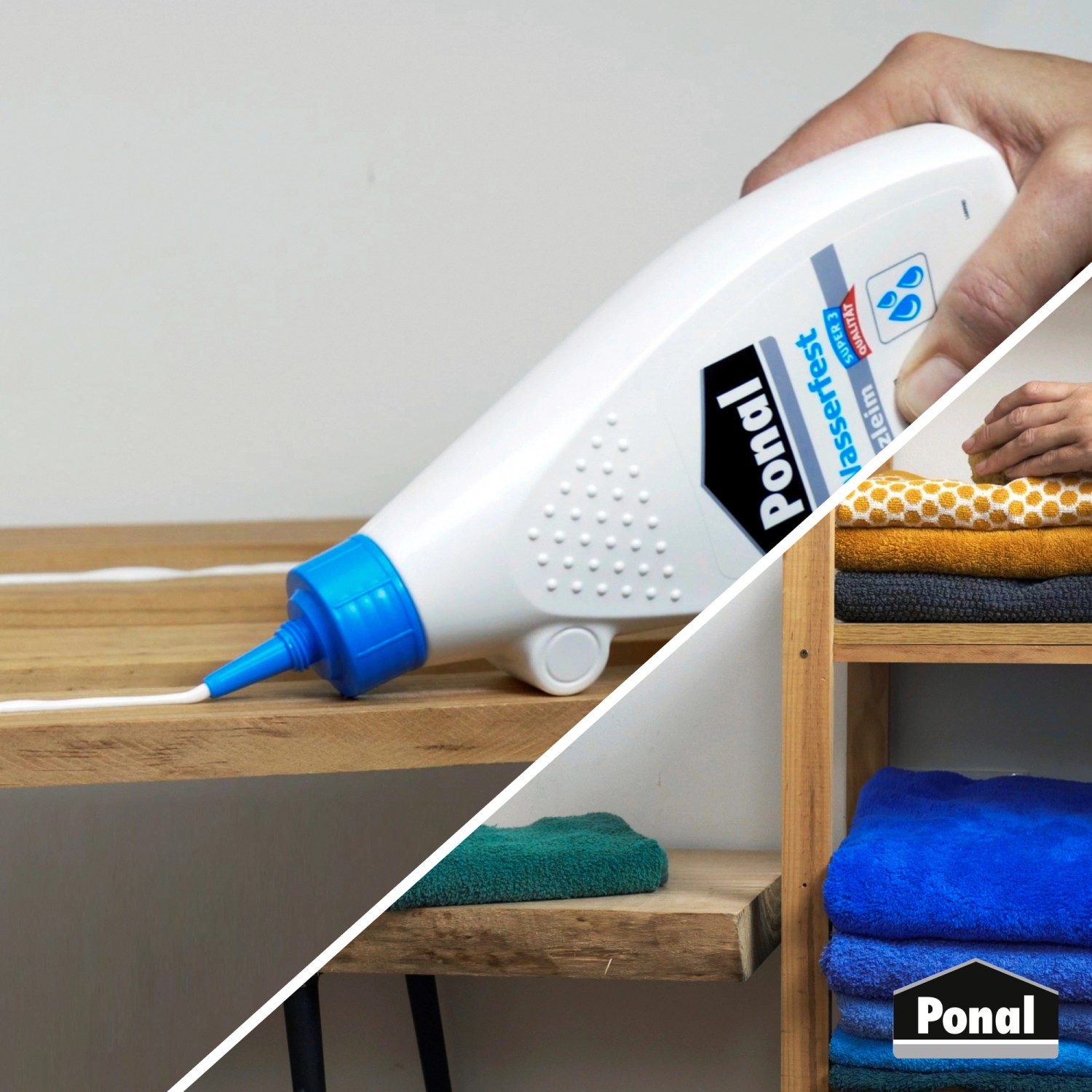 Ponal Wasserfest Holzleim, 550g Flasche in Anwendung auf Holz, trocknet transparent.