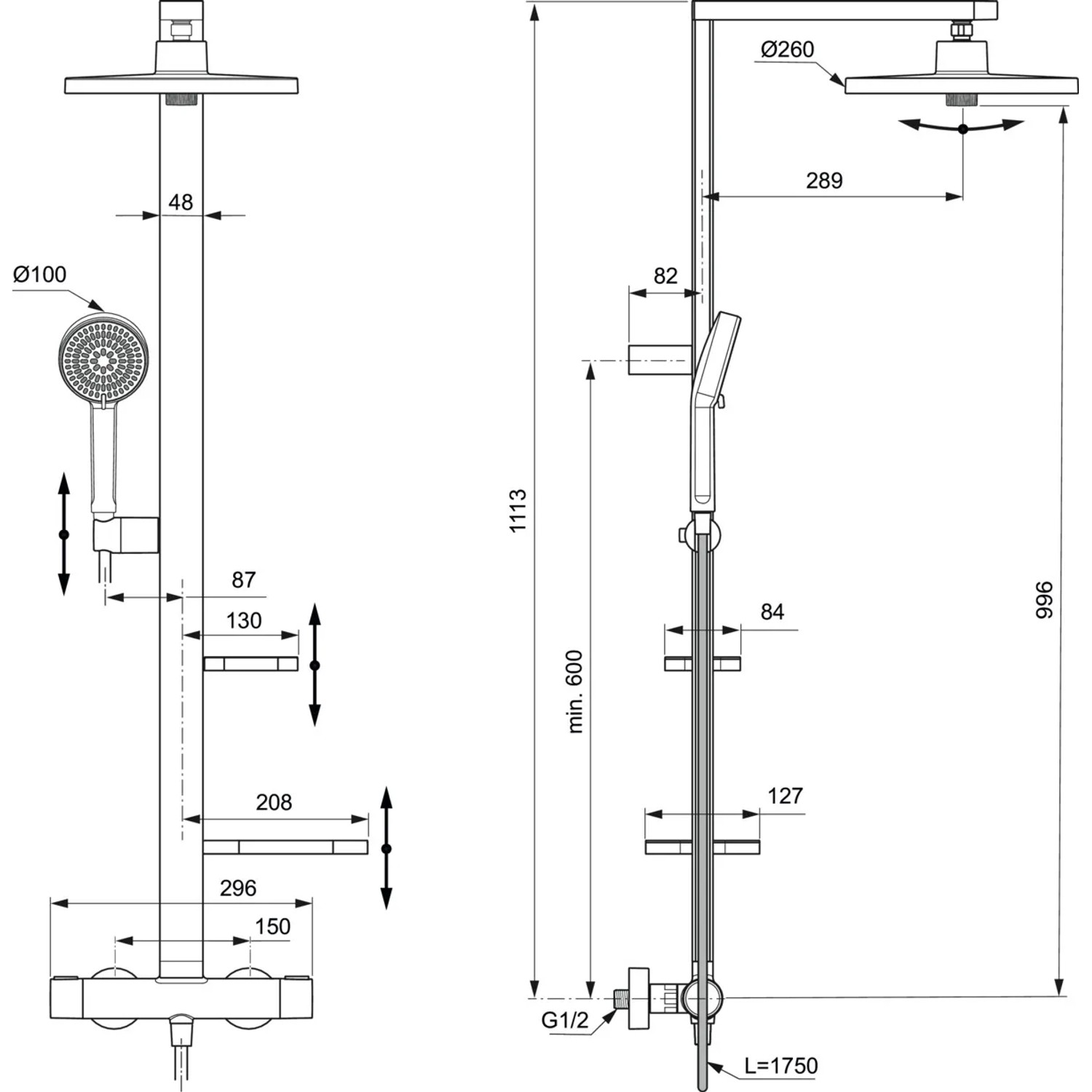 Technische Zeichnung Ideal Standard Duschsystem Thermostat Rosé mit Maßen von Kopf- und Handbrause.
