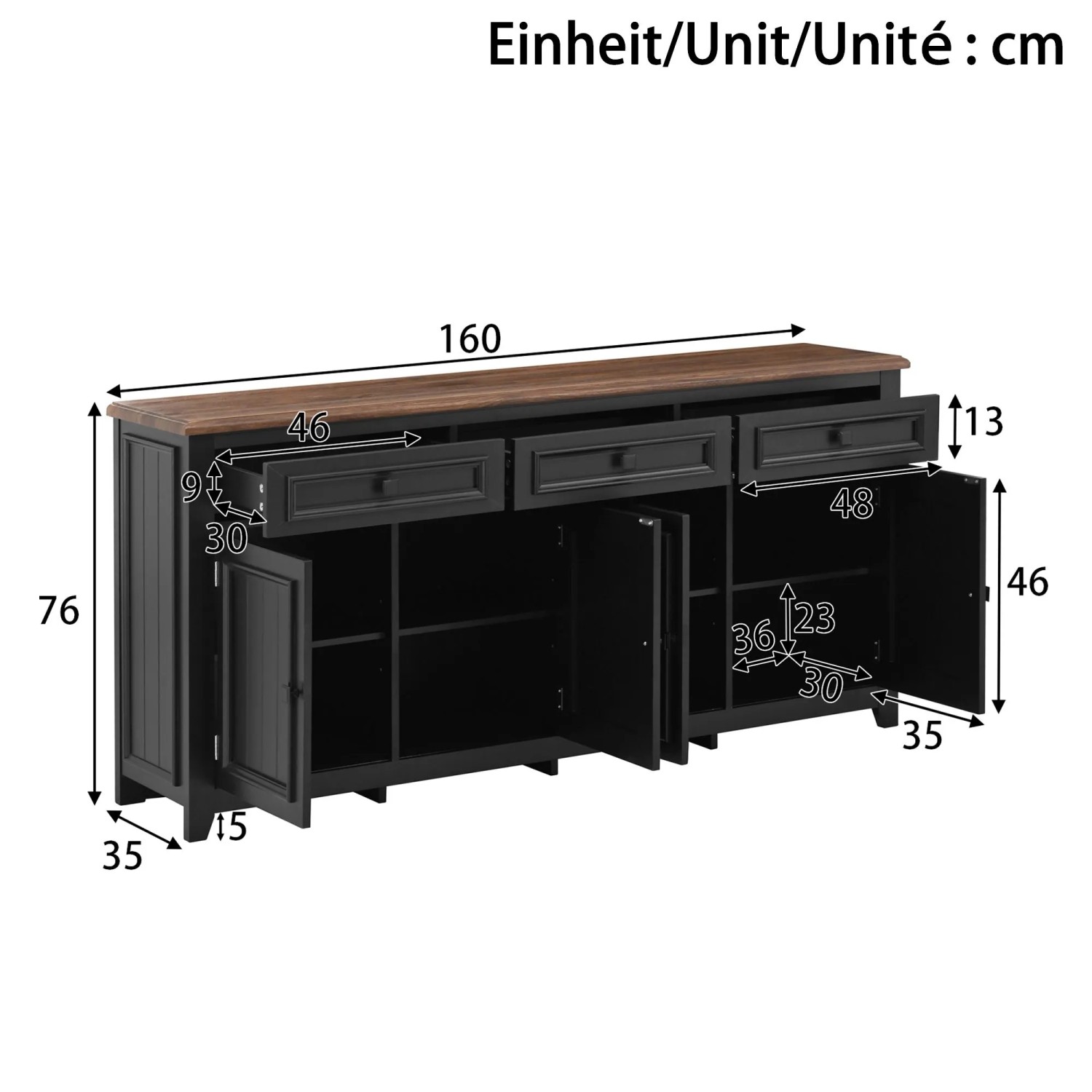okwish Sideboard mit Stauraum Wohnzimmer 160x35x76cm Schwarz_5