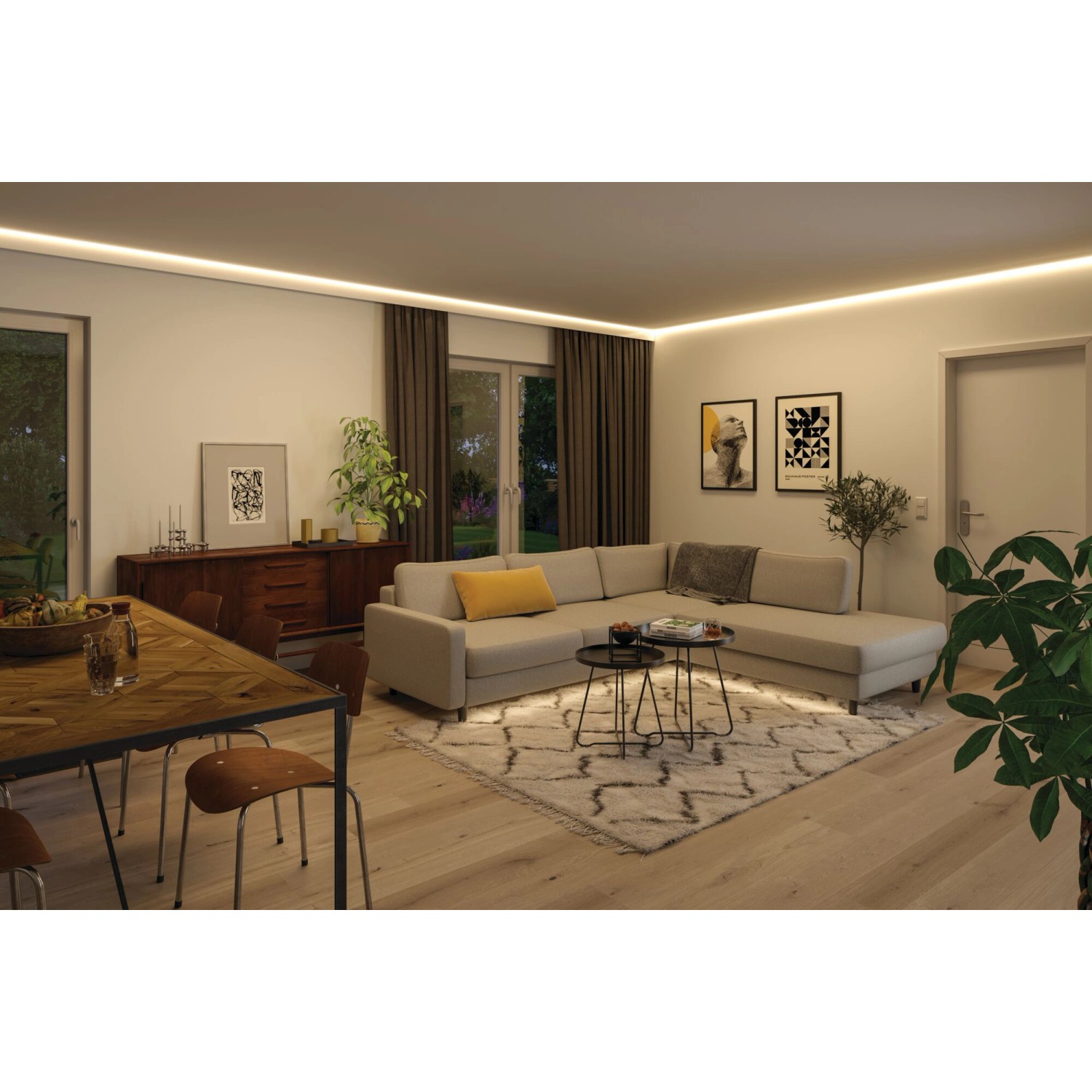 Wohnzimmer mit Paulmann LED-Strip MaxLED 1000 für indirekte Beleuchtung.