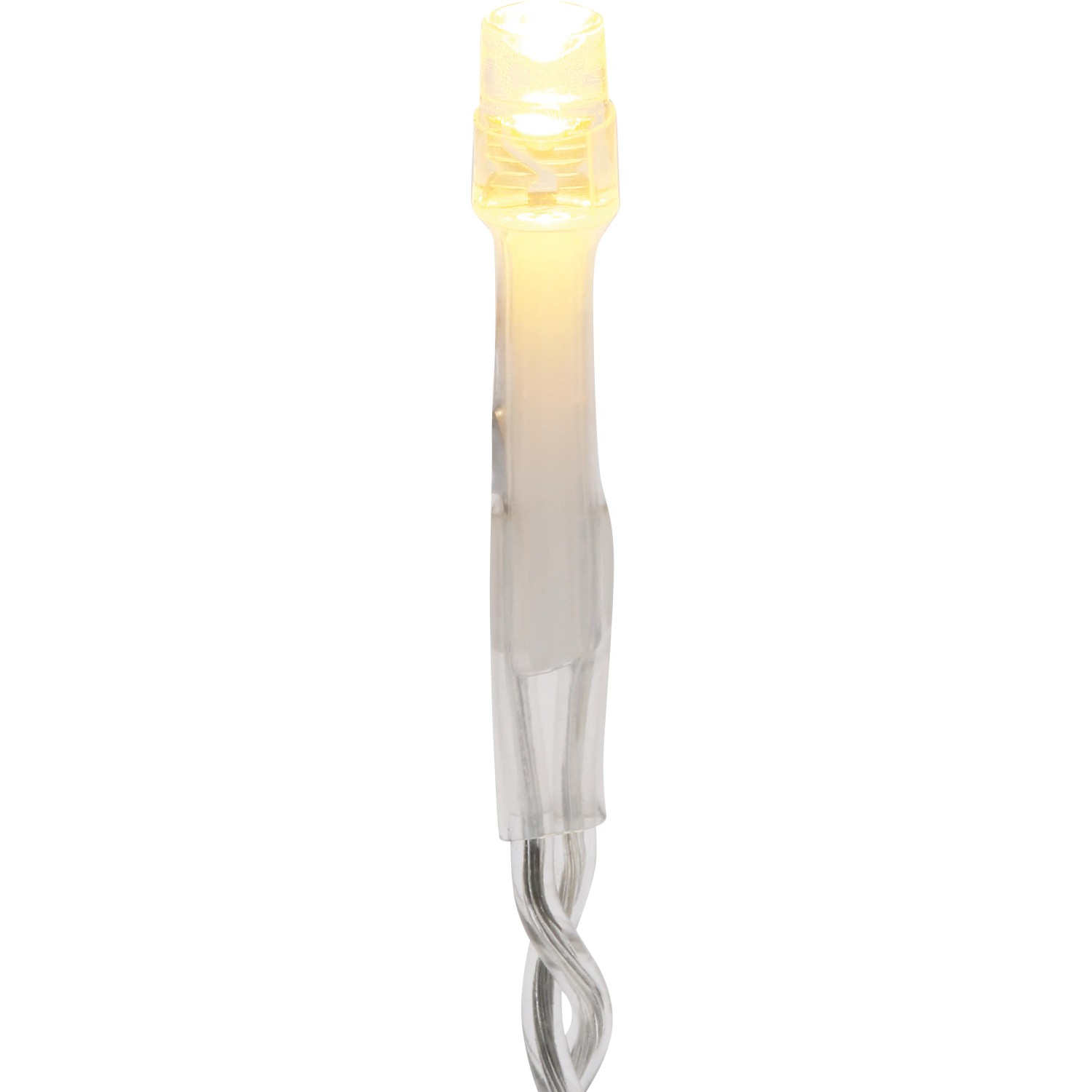 Detailaufnahme: Warmweiße LED-Lichterkette mit transparentem Kabel, 10 LEDs, 120 cm lang.