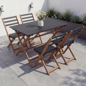 Klappbare Akazienholz Sitzgruppe: Tisch und 4 Stühle in Natur und Schwarz für Garten, Terrasse oder Balkon.