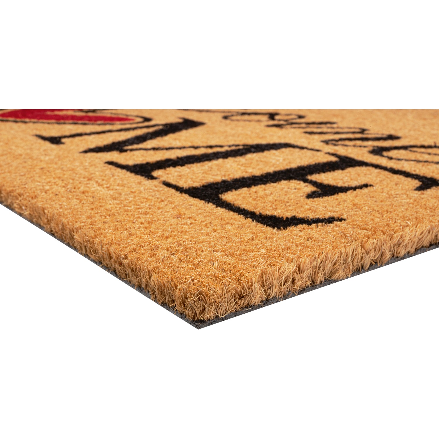 Fußmatte Kokos Welcome Home, 40x60 cm, mit schwarzer Schrift und rotem Herz.