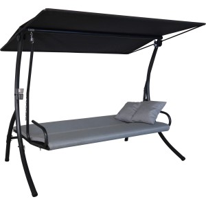 Angerer Hollywoodschaukel Elegance Zip Granit mit Sonnendach und grauen Kissen.