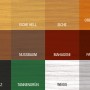 Farbmuster der Bondex Dauerschutz-Lasur: Kiefer, Eiche, Teak, Nussbaum, Mahagoni, Ebenholz, Tannengrün, Weiss und Grau.