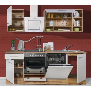 Respekta Küchenzeile 220 cm in Weiß und Wildeiche Nachbildung mit E-Geräten.