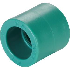 Grüne PPR-Muffe DN 25 aus Kunststoff für Sanitärinstallationen.