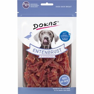 Dokas Entenbrust-Snack für Hunde, luftgetrocknet und in kleine Stücke geschnitten.