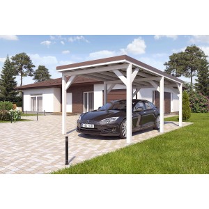 Holzbrüder Einzelcarport Ralf, reinweißes Holz, dunkelbraunes Blechdach, mit Auto.