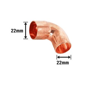 Löt-Winkel aus Kupfer, Ø 22 mm, 90 Grad Bogen für Kupferrohr-Verbindungen.