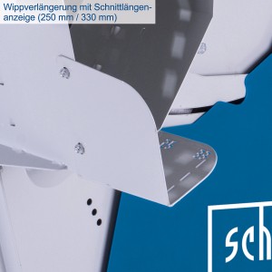 Detailaufnahme der Scheppach HS550 Wippsäge: Wippverlängerung mit Schnittlängenanzeige.
