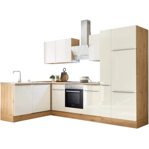 Respekta Winkelküche Marleen in Artisan-Eiche und Weiß Hochglanz mit E-Geräten.