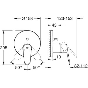 Technische Zeichnung: Grohe Eurodisc Einhand-Wannenbatterie in Chrom mit Maßangaben.