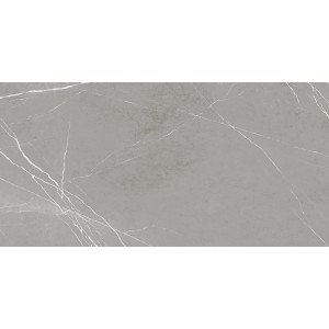 Graue Feinsteinzeug Bodenfliese, 60x120 cm, mit Marmor-Optik und polierter Oberfläche.