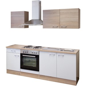Flex-Well Küchenzeile Florida 210 cm in Sonoma Eiche/Weiß mit Herd, Kochfeld und Spüle.
