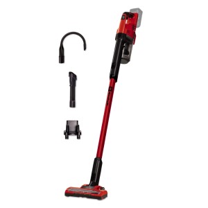 Roter Einhell Power X-Change Akku-Stielstaubsauger TE-SV 18 Li-Solo mit schwarzer Bodendüse und Zubehör. Kabelloser Bodenstaubsauger.